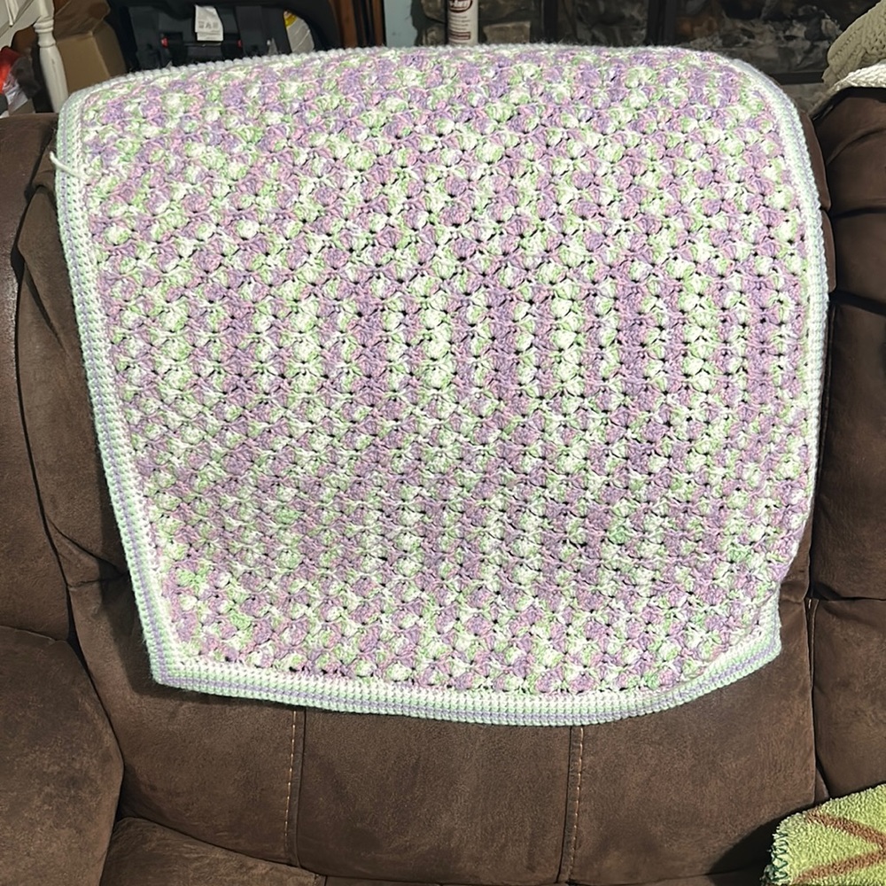 Homemade Crochet Baby Blanket Handmade Purple/ Green/ White